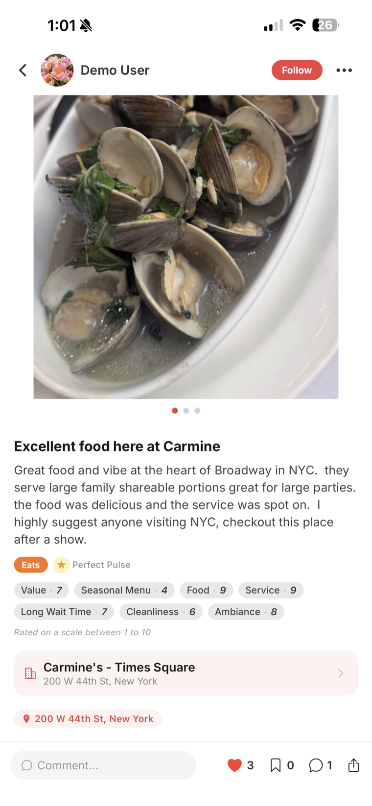 A published EchoPulse review of Carmine's Times Square showing a Perfect Pulse rating and 1-10 attribute scores for Value, Seasonal Menu, Food, Service, Long Wait Time, Cleanliness, and Ambiance