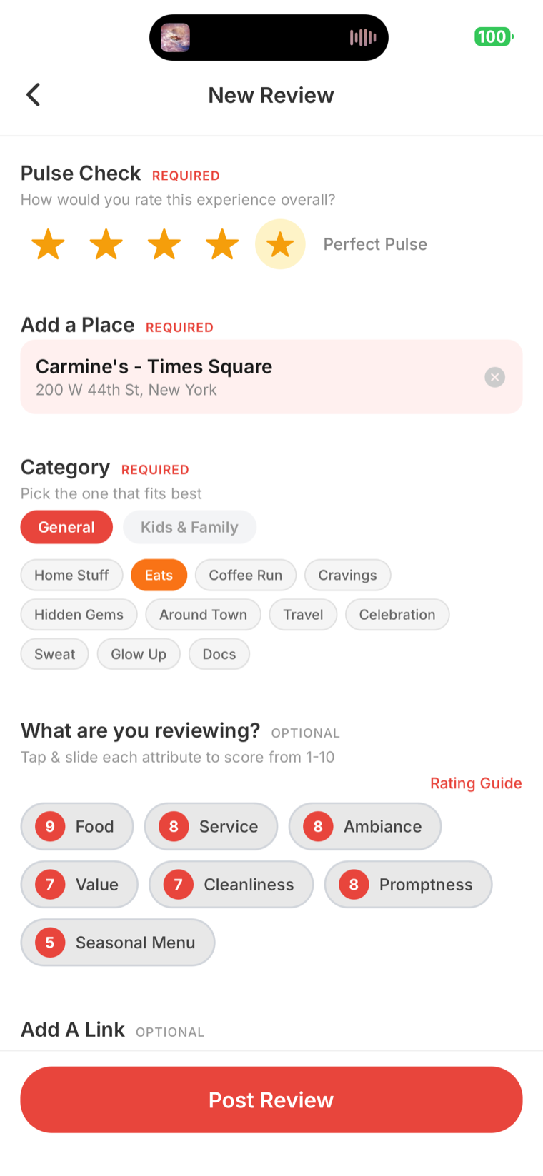 EchoPulse New Review screen with a Pulse Check star rating and tappable 1-10 attribute sliders for Food, Service, Ambiance, Value, Cleanliness, Promptness, and Seasonal Menu