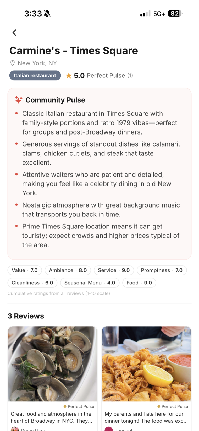 EchoPulse Community Pulse summary distilling all neighbor reviews into clear, AI-generated takeaways and 1-10 attribute scores