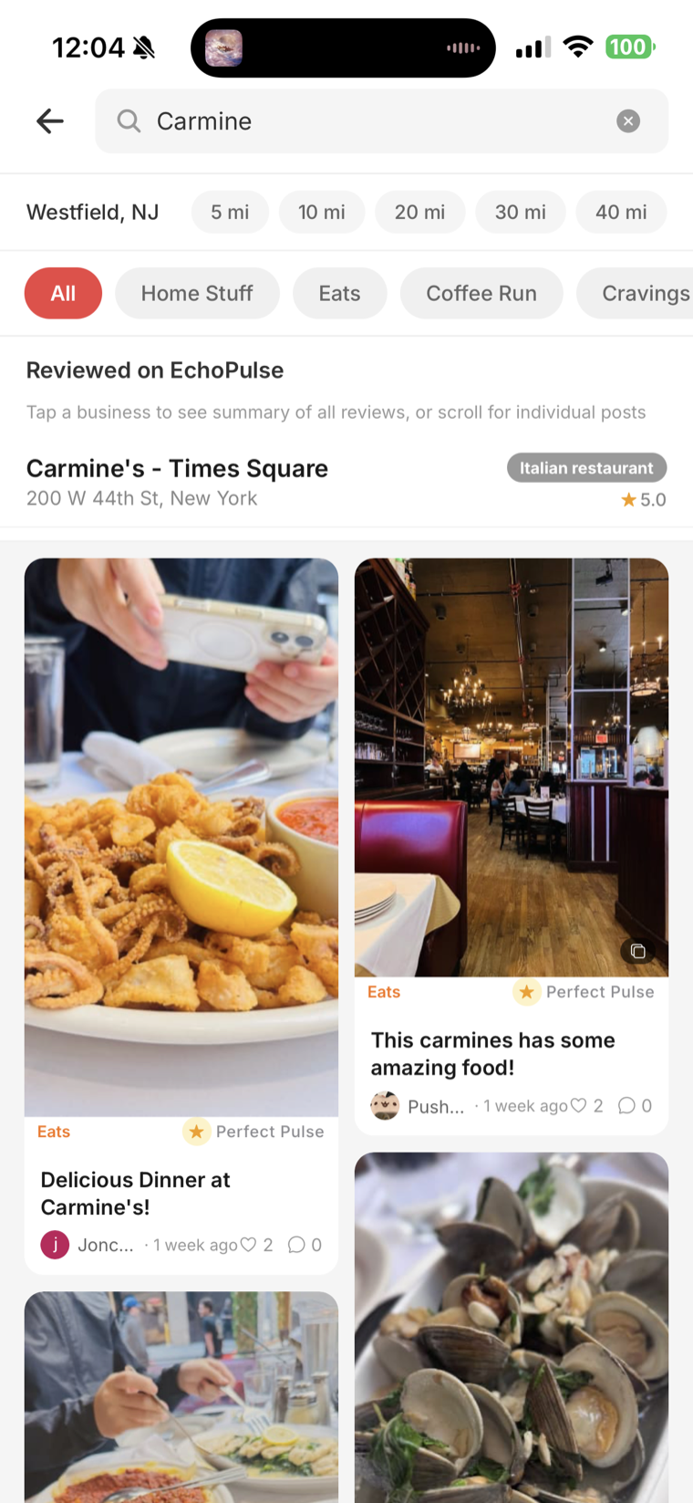 EchoPulse search results for Carmine's showing photos and Perfect Pulse ratings from neighbor reviews