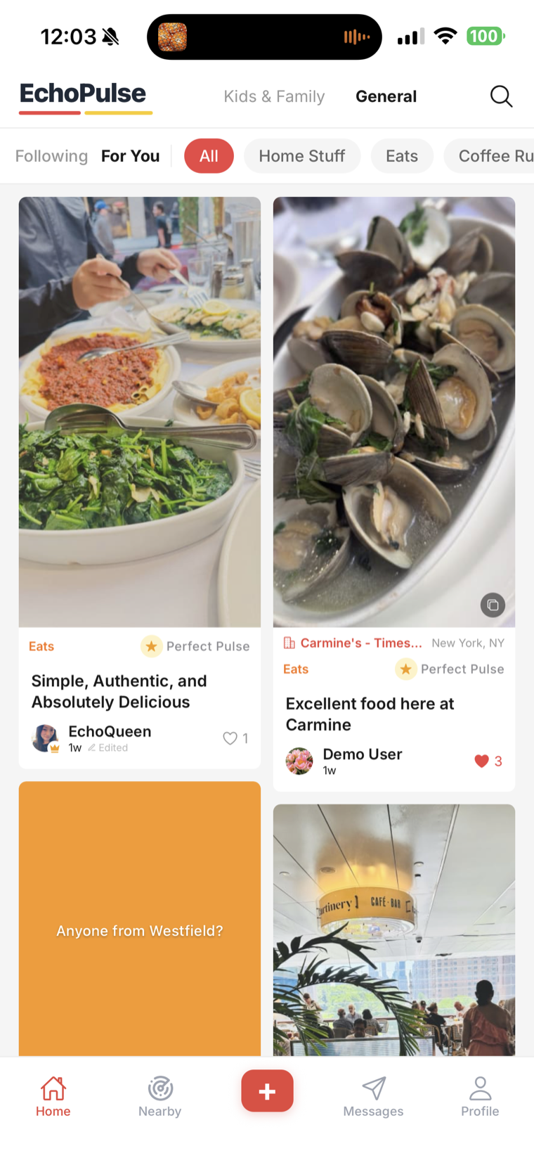 EchoPulse discovery feed showing a live, scrollable timeline of neighbor posts about local restaurants and spots